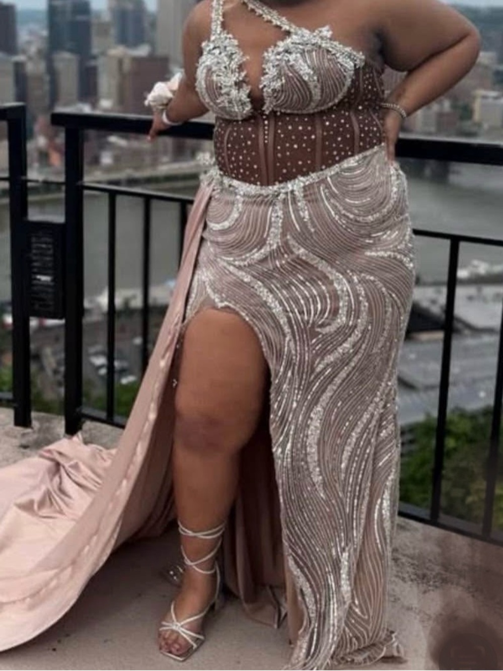 Champagne Evening Gown with Sheer Bodice